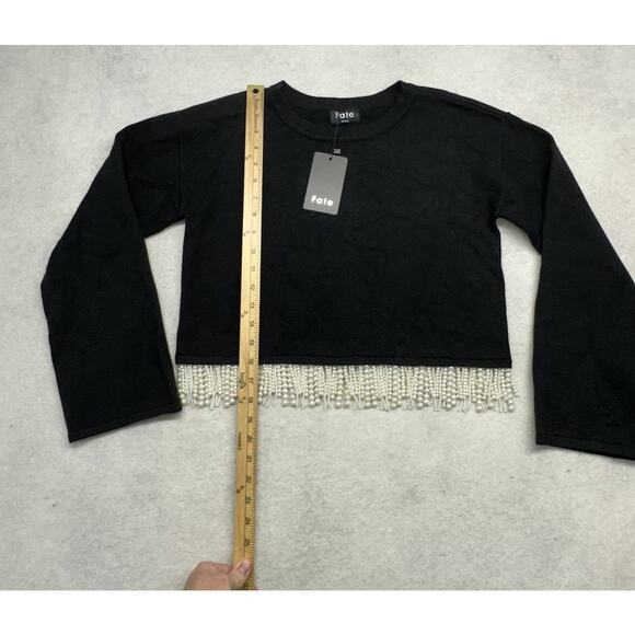 Fate Womens S Sweater Black Faux Pearl Fringe Crop Long Sleeve Pullover Holiday - Picture 4 of 8